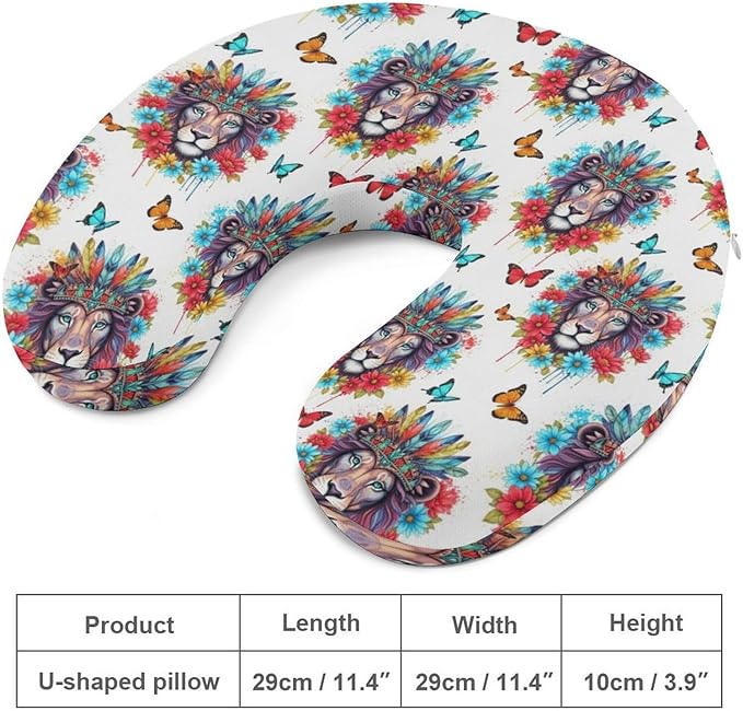 Pain Relief Travel Pillow Memory Foam Chin Support Colorful Lion Flowers Floral, Breathable Washable Cover for Airplane Car Office