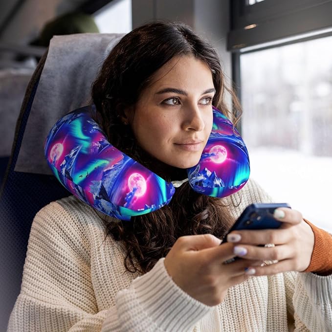 Neck Travel Pillow, Breathable Memory Foam Chin & Head Support Cushion Full Moon Wolves Aurora Art for Airplane Car Sleeping Rest