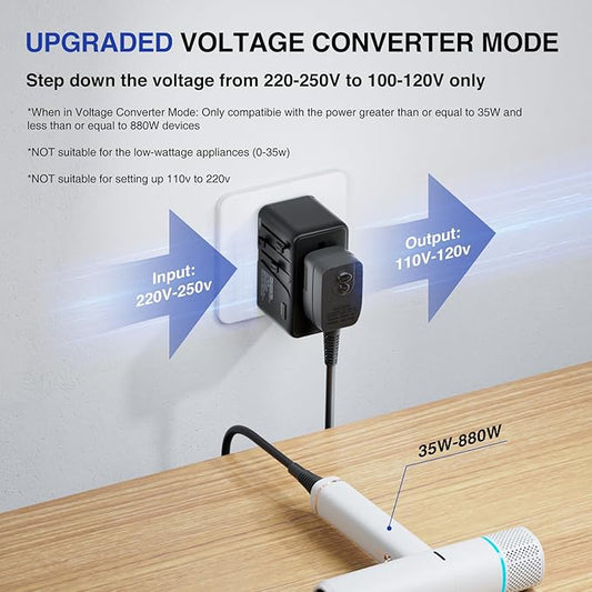 DAILYLIFE 220V to 110V Converter, Travel Adapter US to Europe - Power Converter Adapter Combo with 3 USB C and 1 USB A for US/UK/EU/AU, (1 Pack) - Black