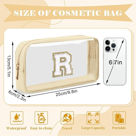 Personalized Initial Letter Clear Makeup Bag,Preppy Small Nylon&PVC Cosmetic Zipper Bag with Chenille Letter,Portable Beach Travel Skincare Toiletry Bag,Trendy Monogram Gift for Teen Girls Women,R