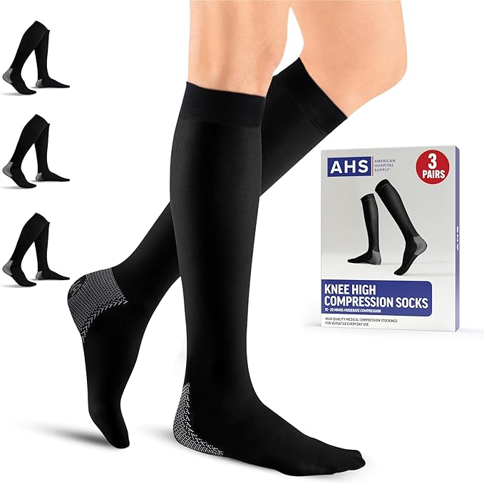 American Hospital Supply Knee High Compression Socks | 15 - 20 mmHg Black Large Lighweight Compression Stockings | Pack of 3 Pairs Therapuetic Support Socks