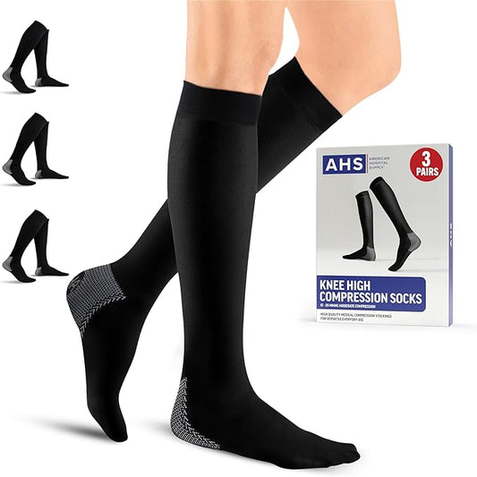 American Hospital Supply – Knee High Compression Socks – 15–20 mmHg, Black, Small – Lightweight Medical Stockings – Pack of 3 Pairs