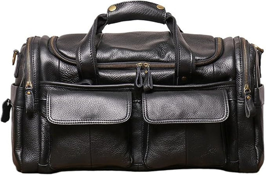 Full CowhideLeather Large duffel bags for men holdall leather travel bag overnight gym sports weekend bag (black)
