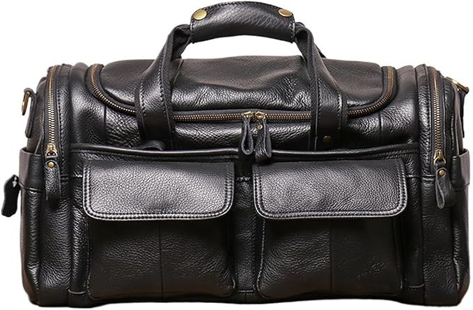 Full CowhideLeather Large duffel bags for men holdall leather travel bag overnight gym sports weekend bag (black)