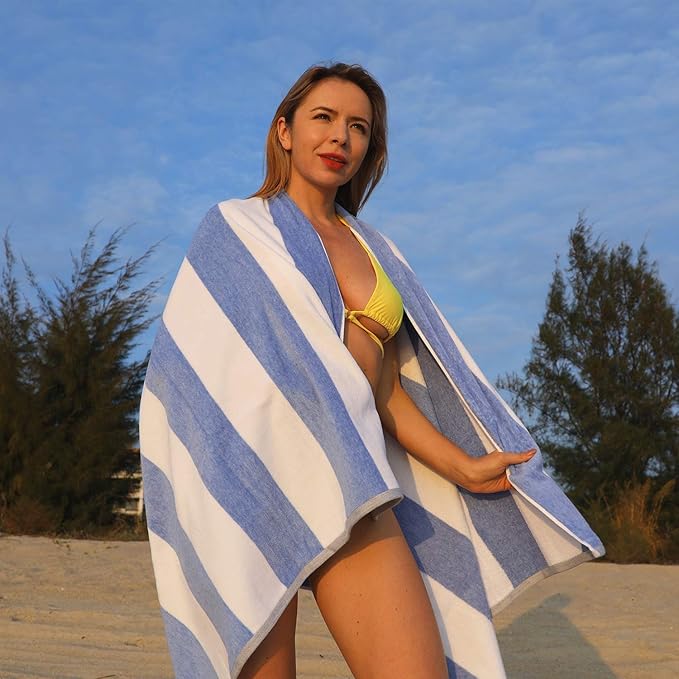Cotton Oversized Beach Towel - Large 70 x 35 Inch Pool Towel, Blue Striped Quick Dry Swimming Cabana Towel