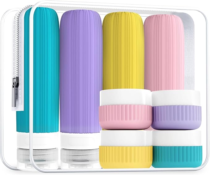 Travel Bottles for Toiletries, Leakproof Silicone Squeezable Cosmetic Liquids Bottles in Travel Size with Clear Bag, TSA Approved Refillable Cosmetic Container Kits for Shampoo and More
