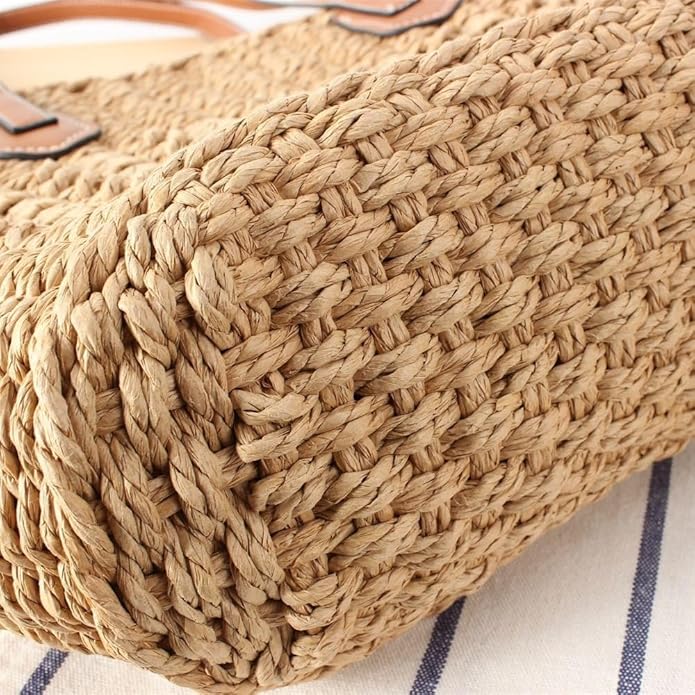 Womens Straw Tote Handbag - Summer Beach Bag with Top Handle - Handwoven Shoulder Bag - 2024