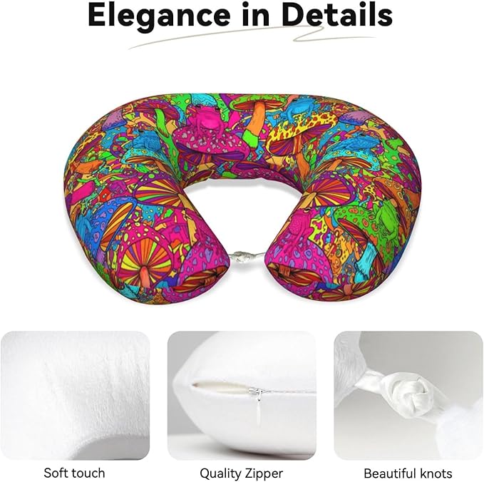 Support Neck Pillow for Youth Travel, Washable Airplane Chin Supporting and Relax U Shaped Pillows Watercolor Frogs Trippy Mushroom Cartoon