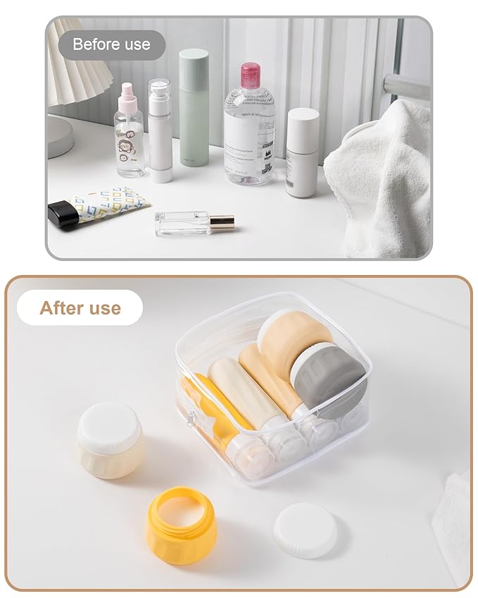 Travel Bottles for Toiletries 8 Pack, Travel Size Toiletries, Tsa Approved Travel Size Containers 3oz, with Travel Essentials Clear Bag, Leak Proof Silicone Squeezable Creams Jars