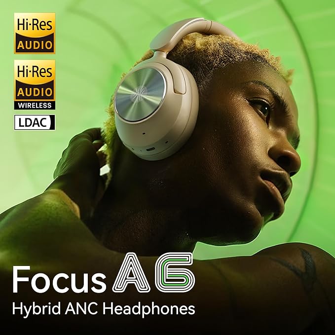 OneOdio Focus A6 Hybrid Active Noise Cancelling Headphones, 75H Playtime, LDAC Hi-Res Lossless Audio, Bluetooth 6.0, Dual Mic ENC Call, Support Wired ANC via USB-C, Wireless Over Ear Headphones