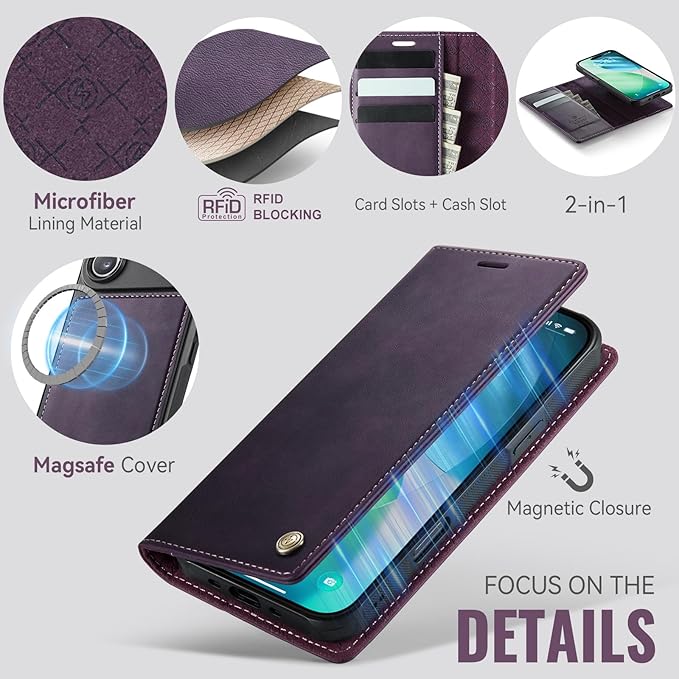 PlusnapX Wallet Case for iPhone Air Compatible with Magsafe, 2-in-1 PU Leather Flip RFID Blocking Card Holder Stand ShockAirof Magnetic Detachable Cover for iPhone 17 Air Case 6.5", Retro Purple