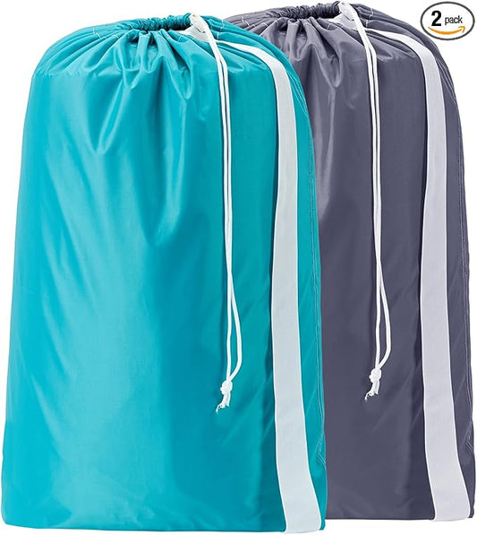 HOMEST 2 Pack XL Nylon Laundry Bag with Strap, Large Dirty Garments Organizer, Easy Fit a Hamper or Clothing Basket, Can Carry Up to 4 Loads of Clothes, Grey and Sky Blue