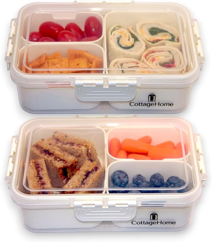 2 Pack Mini Snackle Box Container - 4 Compartment Divided Serving Tray with Lid for Meal Prep, Lunch, School - Dishwasher Safe, Reusable Travel Snack Box for Candy, Fruits, Snacks