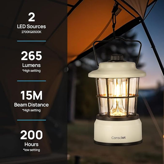 Consciot CL1 Mini Dual Light Sources LED Lantern, Retro Style Battery Powered Lamp, Dimmable Warm White and Daylight Modes, Up to 200H Run Time, Portable Atmosphere Lights for Indoor & Outdoor Use