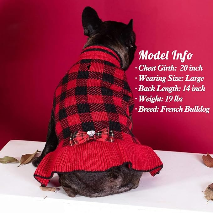 KYEESE Dog Christmas Sweater Dress with Bowtie Checkered, Turtleneck Dog Sweater for Small Dogs Girl with Leash Hole, Holiday Warm Pet Sweaters Dress, Red, Small