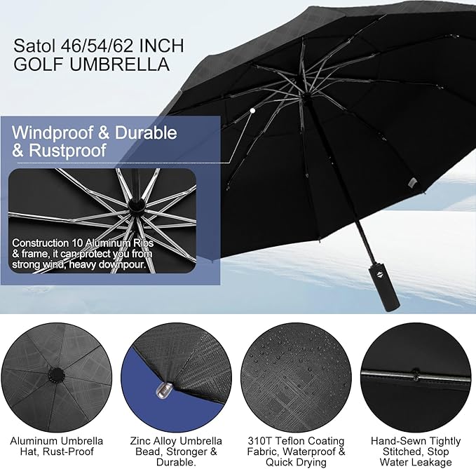 Satol 46/54/62 Inch Large Golf Umbrella, Windproof 10 Ribs Automatic Open/Close Oversize Double Canopy Vented Portable Folding Travel Umbrellas, UPF 50+ Sun & Rain Compact Umbrellas for Outdoor