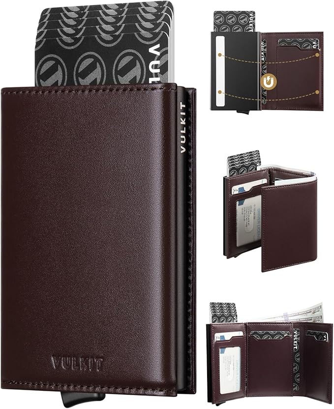 VULKIT Pop up Card Wallet Minimalist Cash Wallets RFID Blocking Leather Smart Credit Card Holder with ID window for Men