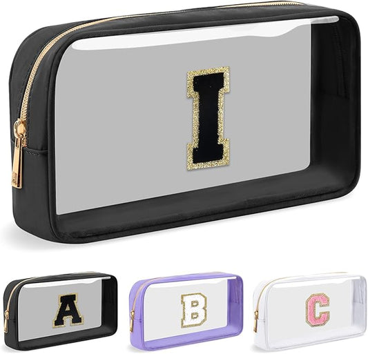 Personalized Initial Letter Clear Makeup Bag,Preppy Small Nylon&PVC Cosmetic Zipper Bag with Chenille Letter,Travel Skincare Toiletry Bag,Monogram Christmas Gift for Teen Girls Women,I