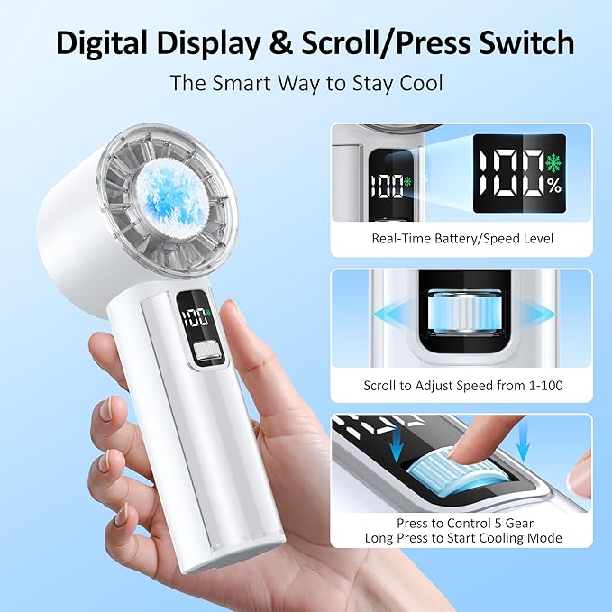 Portable Handheld Fan with Ice Cooler, 21H Max Cooling,9500RPM High Speed,100 Speeds, Small Pocket Turbo Design,Digital Display, Rechargeable Personal Handheld AC Fan for Travel Outdoor Office Commute