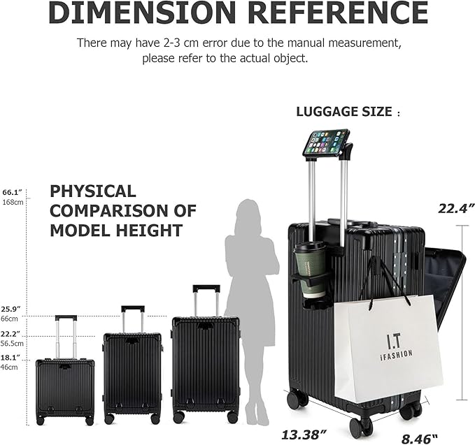 feilario 20in Aluminium Frame PC Hard Shell Spinner Wheels Luggage, Built-In TSA lock Carry on Suitcase, with Cup Holder, USB Port, Phone Holder