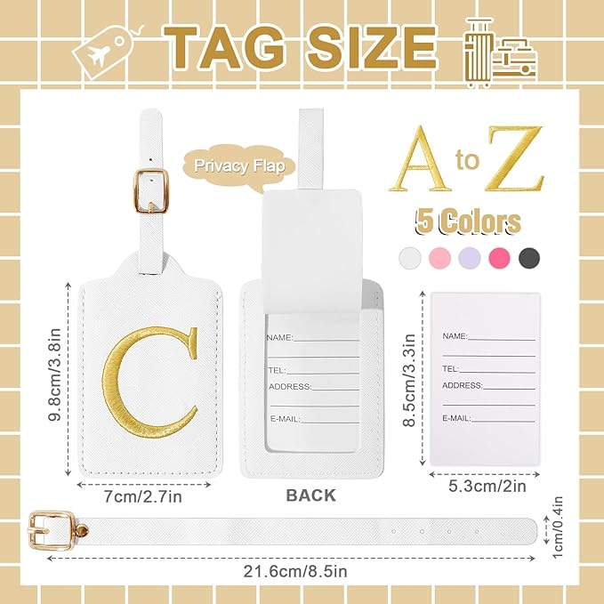 Personalized Initial Luggage Tags for Suitcase TSA Approved, White Leather Cute Luggage Tag with Privacy Cover Name Card, Embroidered Custom Luggage Tags Travel Baggage Tags Gifts for Women Kids(C)