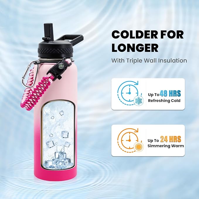 Insulated Water Bottle 40 oz, Triple Wall Vacuum Stainless Steel (Cold for 48 Hrs), Leak Proof & Non-BPA, Modern Water Flask Jug with Paracord Handle & Straw Spout Lids, Ombre Pink