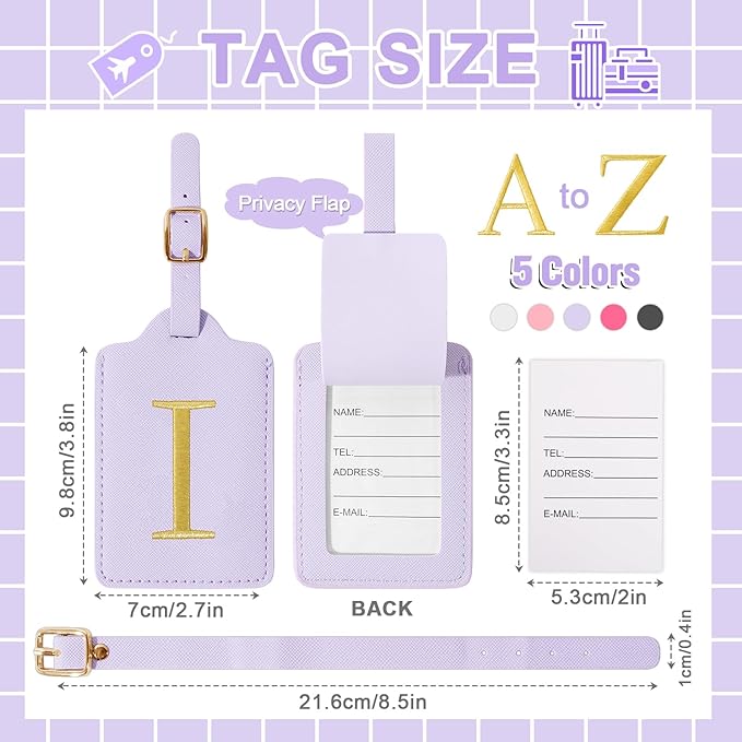 Personalized Initial Luggage Tags for Suitcase, Purple Leather Cute Luggage Tags with Privacy Cover Name Card, Embroidered Custom Monogrammed Luggage Tag Travel Backpack Tags Gifts for Women Kids(I)