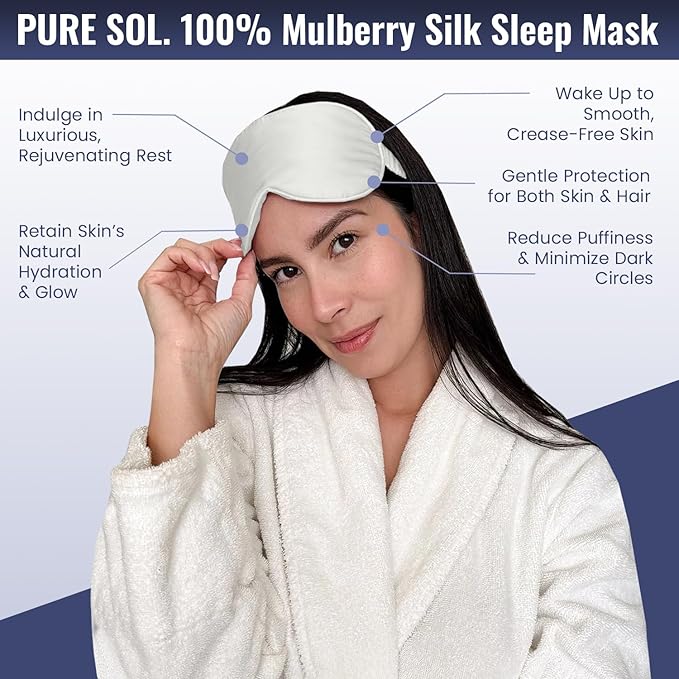 Pure SOL. Silk Sleep Mask - 100% Mulberry Silk Eye Mask - Eye Mask for Sleeping & Blindfold for Power nap During Travel (Ivory)
