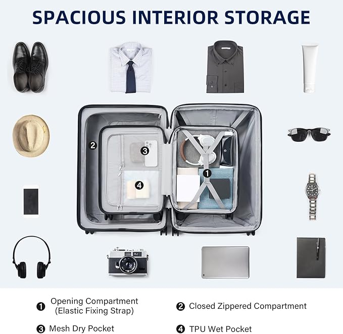 Hard Shell Suitcases Expandable Travel Luggage Sets 2 Piece, Carry on and Check in Luggage Lightweight Suitcase Set 2 Piece with Wheels Cup Holder Charger Built in (Interstellar Blue, 20/28)