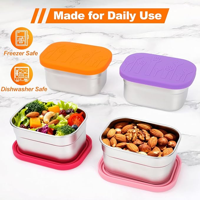 4 Pack Stainless Steel Snack Containers with Lids Set, 8 oz Rectangular Easy Open Leakproof Reusable Snack Box Container for Lunch, Small Lunch Food Containers for Meal Prep, Salad Dressing To Go