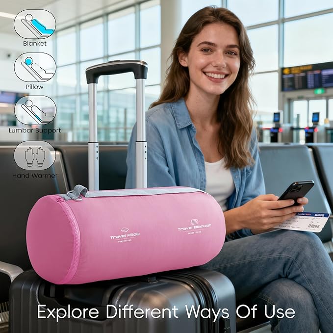 4-in-1 Travel Pillow & Blanket Set with Eye Mask, Memory Foam Neck Support, 50x65 Inch Blanket, Storage Bag for Airplane, Car, Train, Home Travel Pink