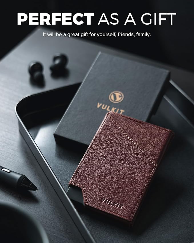 VULKIT Pop up Card Wallet Genuine Leather RFID Blocking Slim Aluminum Metal Bank Card Holder Case with Business Money Pocket for Credit Cards Notes and Coins Espresso