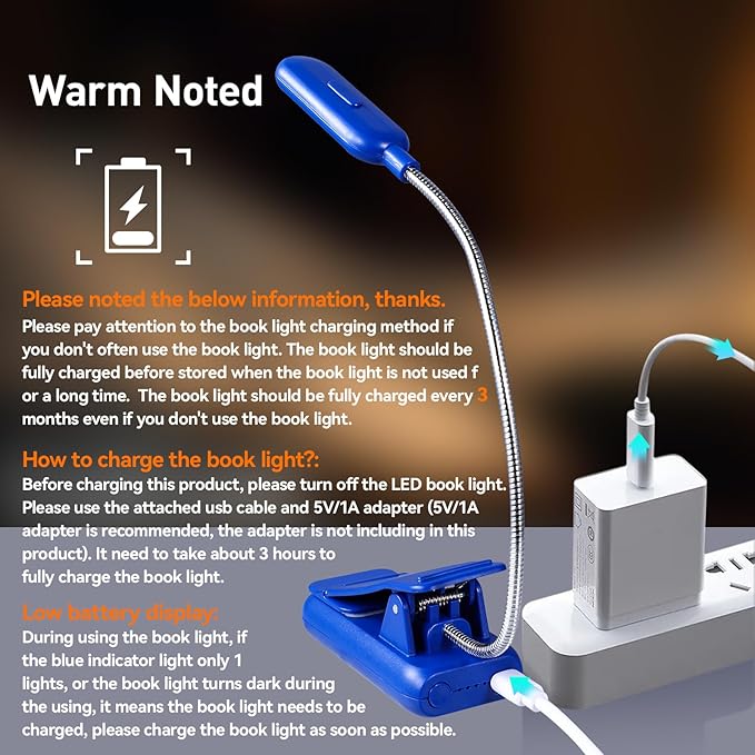 VAVOFO Rechargeable Book Light for Reading in Bed Kids, 7 LED Reading Light with 9-Level Warm Cool White Daylight, Eye Care Lamp with Power Indicator for Bookworms (Royal Blue)