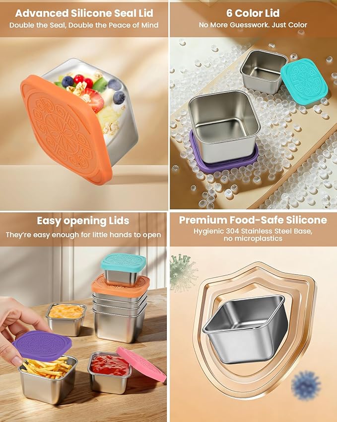 JUJOJB 12Pack Stainless Steel Snack Containers with Lids, Small 6oz & 2oz Leak Proof Metal Food Storage Containers, Bento Box Meal prep Containers, Easy Open Stackable Lunch Box for Adults LIttle One