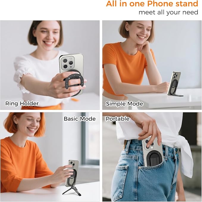 [2025 New] FUVALY Magnetic Phone Grip for MagSafe Phone Tripods 4-in-1 Desk Stand, Phone Ring Holder for iPhone 17/16/15/14 Pro&Android (Black)