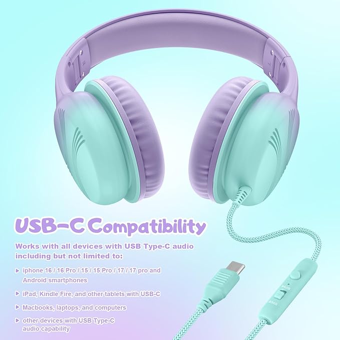 USB Type C Kids Headphones, Wired Headphones for Kids with Microphone 85/94dB Volume Limit, Stereo Sound Portable Over Ear Headphones for School/Travel/Tablet/iPad, Green Violet