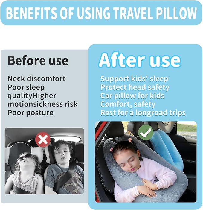 Travel Pillow, Car Pillow for Kids, Car Seat Pillow for Adults, Kids Travel Pillow, Support Head and Neck on Road Trips, Long Car Ride Essentials, Grey