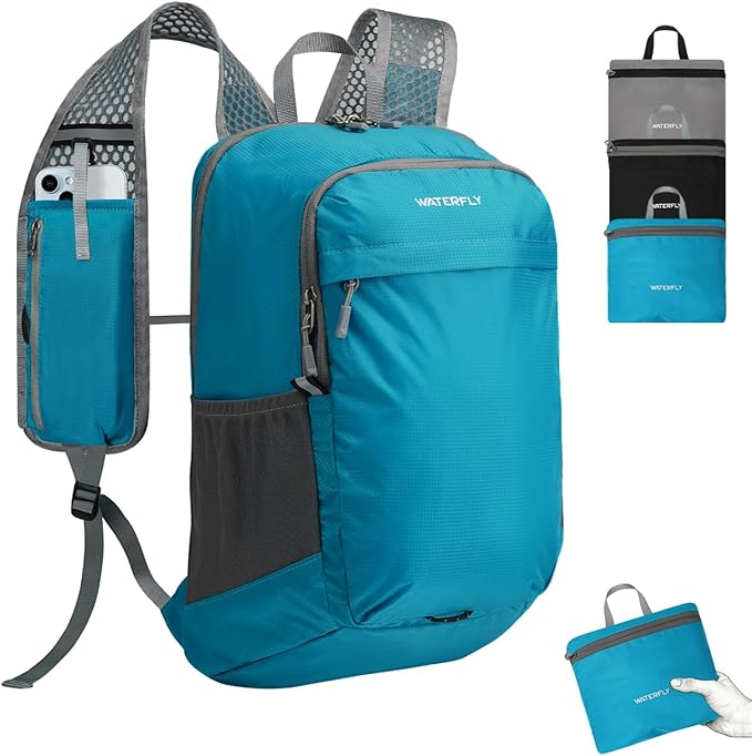 WATERFLY Packable Lightweight Small Backpack: 15L Foldable Mini Hiking Daypack - Ultralight Compact Day Pack for Women Men Outdoor Travel Camping Walking - Blue