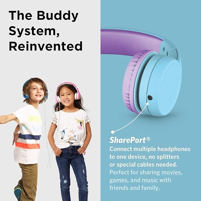 LilGadgets Connect+ Foldable Headphones, Adjustable Fit Soft Touch Padding for Kids with Mic, Volume-Limited & Noise Reduction On-Ear Wired Headset for School with SharePort - Blue/Purple, Ages 3-14