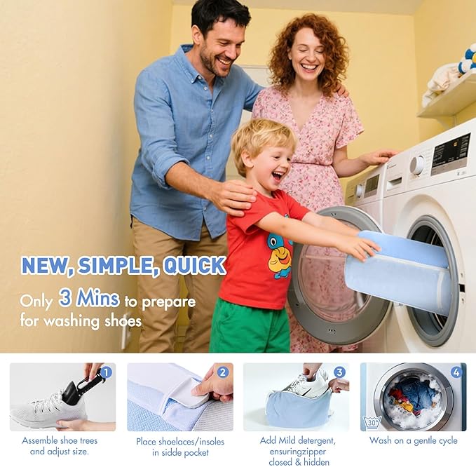 Shoe Washing Machine Bag for Washer and Dryer - Reusable Lint-free, Large Sneaker Laundry Bag for Tennis Home Shoe Washing Kit, Includes Shoes Trees to Prevent Deformation, Blue 2pcs