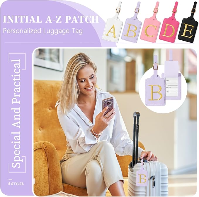 Personalized Initial Luggage Tags for Suitcase, Purple Leather Cute Luggage Tags with Privacy Cover Name Card, Embroidered Custom Monogrammed Luggage Tag Travel Backpack Tags Gifts for Women Kids(B)