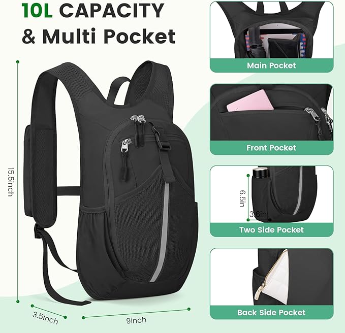 Small Hiking Backpack 10L - Lightweight Packable Foldable Backpack for Travel Camping Outdoor Commute, Compact Rucksack for Women Men(Black)