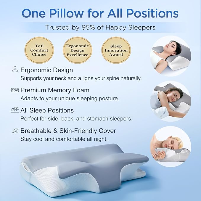 Effective Pain Relief Cervical Neck Pillow for Sleeping, Memory Foam Pillows for Neck Support, Odorless Contour Side Pillow, Ergonomic Bed Pillow for Back Stomach Sleeper (Grey and White)