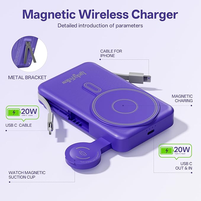 Magnetic Portable Charger Built-in Cables,10000mAh Fast Charging Wireless Charger Station External Battery Pack Slim Pocket Size Power Bank with Stand Compatible with iWatch, iPhone and Android Phones