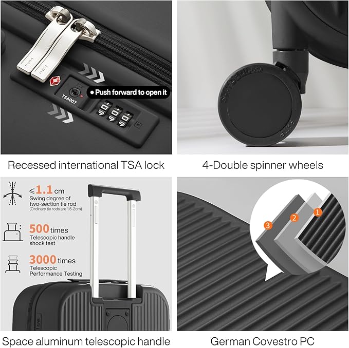 mixi Carry On Luggage with Cup Phone Holder Hard Shell Rolling Travel Suitcases with Spinner Wheels,20 Inch Black