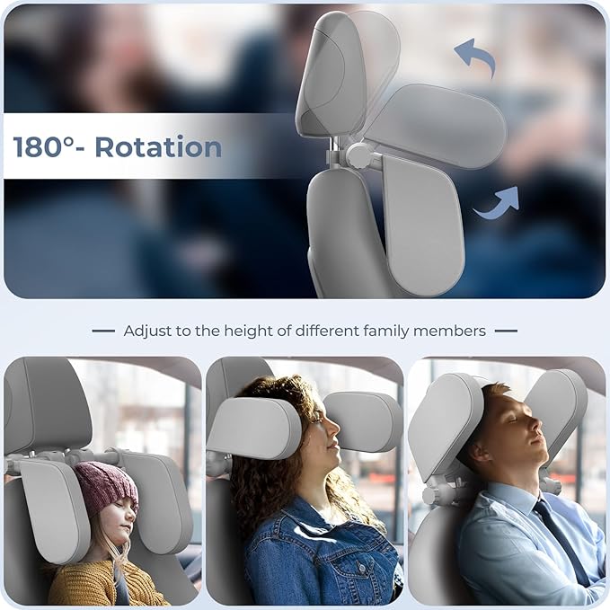 Yoocaa Car Headrest Pillow, Road Pal Headrest, Adjustable Car Seat Head Neck Support, U Shaped Car Sleeping Pillow for Kids & Adults (Grey)