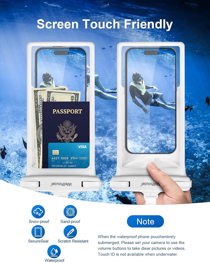 wellhouse Waterproof Phone Pouch, Waterproof Phone Case for iPhone 16 15 14 13 12 Pro Max XS Samsung, IPX8 3D Cellphone Dry Bag Beach Essentials (1 Pack - White8.0, 8 inch)
