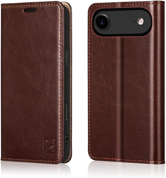 Belemay Genuine Leather Wallet Case for iPhone 17 Air, Premium Cowhide Leather Two-Tone Effect, RFID Blocking Card Holders, Shockproof TPU Shell, Kickstand, Flip Cover for iPhone Air 2025 6.5", Brown