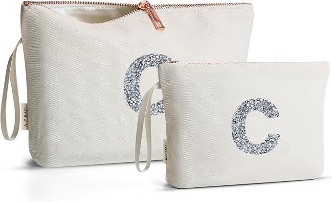 A-Z BAG 2pcs Personalised Makeup Bag Set, Canvas Cosmetic Bag with Rhinestone Initial, Birthday Gifts for Women (C, Beige)