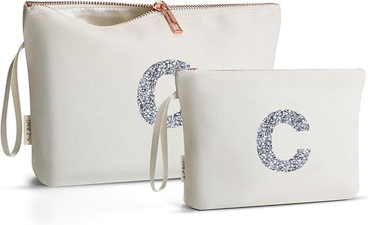 A-Z BAG 2pcs Personalised Makeup Bag Set, Canvas Cosmetic Bag with Rhinestone Initial, Birthday Gifts for Women (C, Beige)